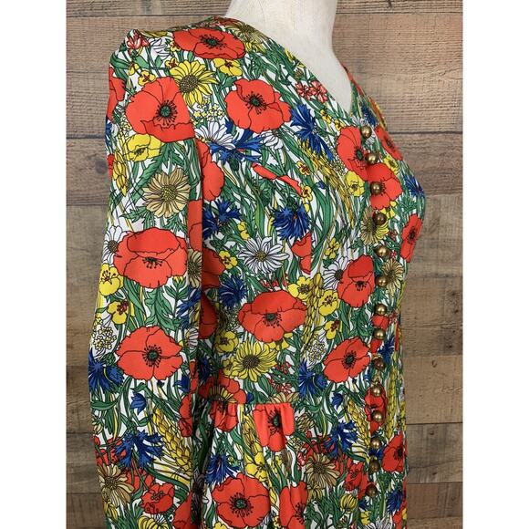 Vintage 1960’s Mod Floral Poppy Button Front Dress Size Small Hippie - Picture 4 of 13
